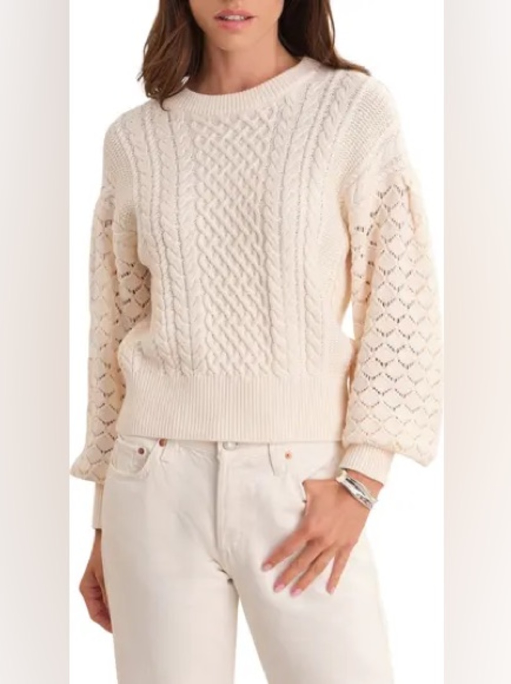 525 America Piper Mixed Stitch Balloon Sleeve Cotton Crewneck Sweater Sea Salt